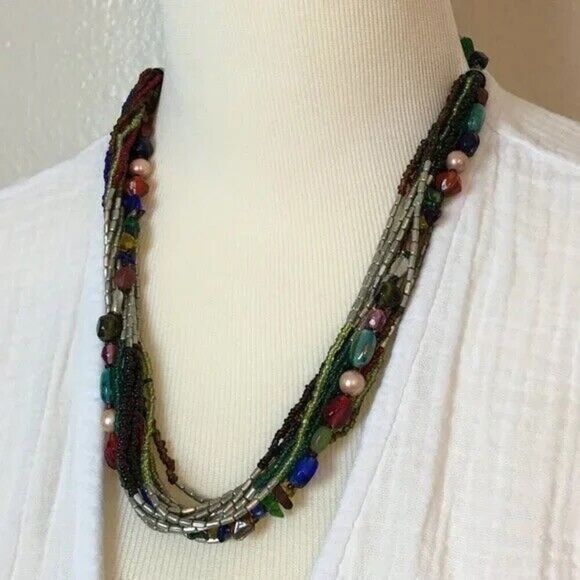 Layered Beaded Necklace Silver Tone Multicolor Multi Strand Statement 23in - Picture 1 of 7